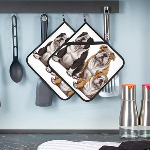 Topflappen mit englischer Bulldogge, hitzebeständig, für Küche, Backofen, heiße Pads mit Tasche, Aufhängeschlaufe, verdickter Untersetzer zum Kochen, Backen, 2 Stück