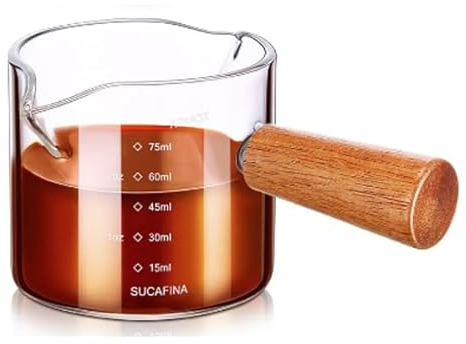 RETON 4 Pcs Espresso Glass Measuring Cup, 75ML Espresso Shot Glass with Wood Handle, Double Espresso Cup with Dual Scale, Glass Measuring Cup for Coffee Milk Juice Liquid (2.5OZ)