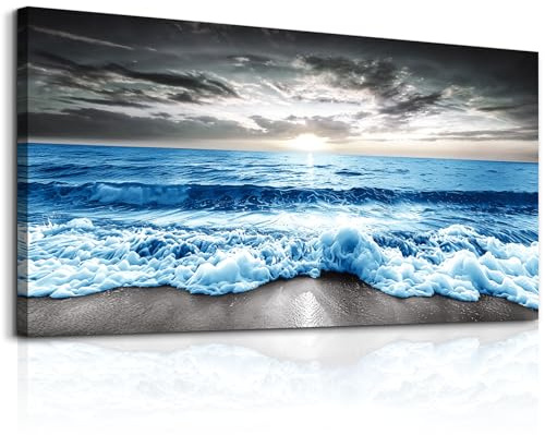 MHARTK66 Wall Art For Living Room Large Wall Decor For Office Modern Bedroom Wall Decor Blue Beach Sun Ocean Landscape Canvas Prints Wall Paintings Seascape Framed Pictures Artwork Home Decor 40x20