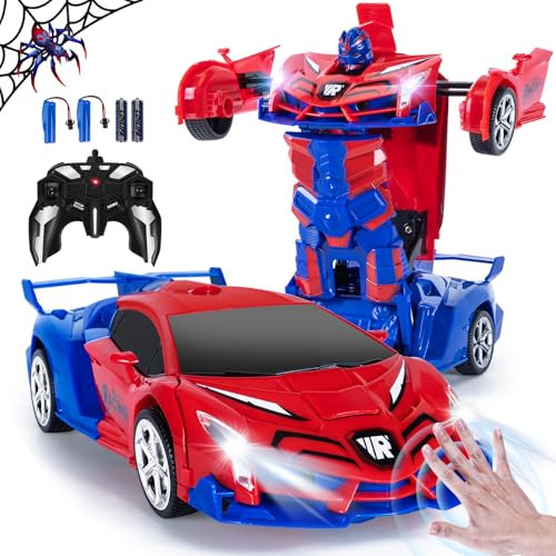 Yellcetoy Transform Toys, Remote Control Spider Car with Hand Gesture Sening LED Light Music & Sound Effect, 2.4Ghz Transforming Robot Car with Batteries, Gifts for Kids Boys Age 3-10 Red Blue