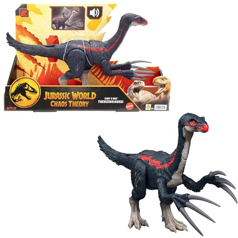 Mattel Jurassic World Teoría del Dinocaos Slash N Roar Tericinosaurio Figura de acción de dinosaurio de juguete con sonido y garras de ataque, juego digital, JCG17