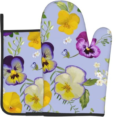 Juegos de Manoplas y agarraderas para Horno, 2 Piezas de Guantes y agarraderas para Horno para cocinar y Hornear, Flores de Pensamiento