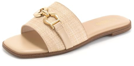 Rihero Women's Flat Sandals Comfortable Dressy Square Peep Toe Slides Slip On Beach Cute Ladies Raffia Sandals Size 8.5