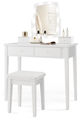 GIANTEX Set Toeletta Trucco con Specchio Illuminato, Tavolo da Trucco 2-in-1 con Luci LED a 3 Colori, 4 Cassetti, Specchio Rotante, Tavolo da Trucco con Sgabello Imbottito, Bianco