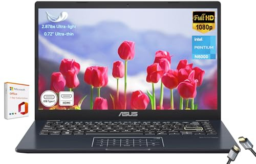 ASUS Vivobook go 14 Zoll FHD Laptop, Intel Pentium N6000 (bis zu 3,30 GHz), 1920 x 1080 Display, 4 GB Speicher, 64 GB eMMC, 1 Jahr Microsoft 365, NumberPad, Webcam, HDMI, Wi-Fi, Win11H im S-Modus