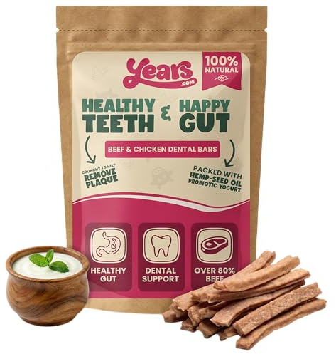 YEARS 2-in-1 Beef & Chicken Natural Dog Dental Chews for Digestion | 120g | Probiotic Yogurt & Hemp Organic Dog Treat
