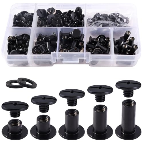 YIXISI 80 Juegos M5 x 4/6/8/10/12 mm Juego de tornillos Chicago, 5 Tamaños Remaches Cuero Kit, Tornillos de Encuadernación de Libros Kit, para Decoración de Cuero, Negro Pistola
