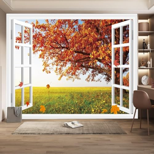 Luowenji Papier Peint Panoramique Vue Par La Fenêtre 150x105 cm 3D Papier Peint Intissé Arbre D'automne Photo Trompe l'oeil Poster Grand Mural Salon Chambre Enfant Chambre Décoration Murale a.3913