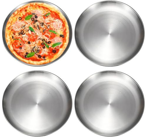 4 teglie per pizza rotonda, 30 cm, in acciaio inox, per pizza, per pizza, per pizza, in acciaio inox, facile da pulire, lavabile in lavatrice, ideale per forno, cottura, servire e arrostire