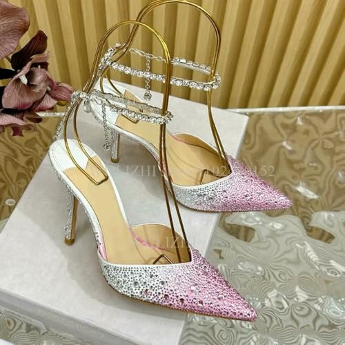 SLJYM Dark Wine Red Diamond Spetsiga Klackar Dam Juveled Strap Spänne Tofs Sandaler 10Cm Stiletto Back Hollow Pump Rosa Skor