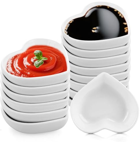 YOUNTHYE 14Pcs Ceramic Dipping Bowls, 8cm Heart Shape Dip Bowls White Sauce Dishes, Sushi Soy Condiment Dishes Seasoning Dish for Snacks, BBQ and Party Supplies