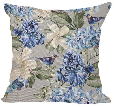 Orythyra Cushion Cover 45x45cm Hydrangea Hibiscus Iris Bird Blue Green Floral Cotton Linen Pillow Cover Decorative Throw Pillows Farmhouse Decor for Home Cushion Case 18x18 Inch