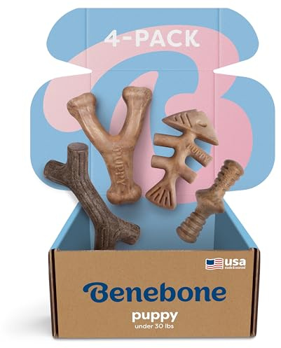 Benebone Puppy 4-Pack Dog Teething Toys for Gentle Chewers, Small | Durable, Made in USA, REAL Bacon, Jack Salmon & Maplewood Flavors, Puppy Teething Toys