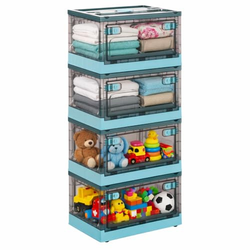 DreamHaven Aufbewahrungsboxen mit Deckel 28L faltbare Aufbewahrungsboxen mit Rädern zusammenklappbare Transparente Aufbewahrungsboxen für Spielzeug Kleidung Snacks und Schuhe,4Pack,Blau
