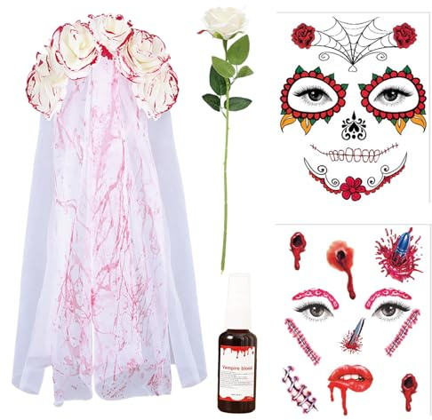 Ourdort Halloween Blutiger Schleier,Halloween Haarschmuck BrautschleierKurz | Horror Brautschleier Zombie,halloween tattoo gesicht,Weiße Rose + Blutspray,für Hochzeiten und Halloween party,Karneval