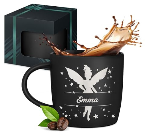 Maverton Mug personnalisé pour femmes, 40cl Tasse à Thé Personnalisable | Avec Prénom pour elle, Tasse décorative pour Collègue, Cadeau original, Différents Designs, intérieur noir, petite fée