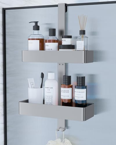 Kitsure Porta Sapone per Doccia - Porta Shampoo Doccia da Appendere Senza Foratura, Mensole Bagno a 2 Livelli, Struttura Antiruggine per Bagnoschiuma, Asciugamano, 29,1 x 11,2 x 55,3 cm, Argento