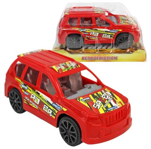 BEMIRO Spielzeug Auto SUV – ca. 13 cm – mit Rückziehmotor – aus Kunststoff – mit Stickern beklebt – wählbar in Rot oder Blau – Auto Spielzeug für Kinder ab 3 Jahren (Rot)