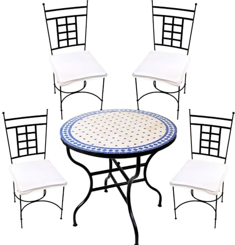 Trädgårdsset med 5 Marrakech natur blå 80 cm Aten | Medelhavet mosaikbord med 4 stolar | handgjord balkong och terrassset | marockanska mosaikmöbler av smidesjärn