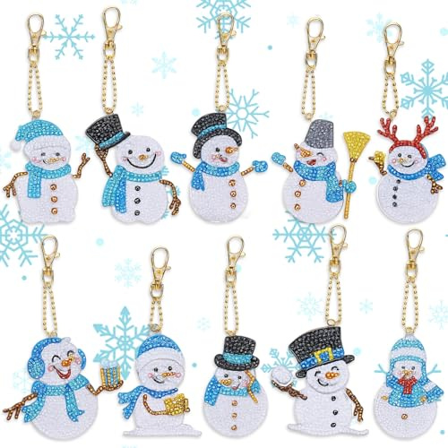 CJAPGJW 10 Stück Diamond Painting Winter, 6.9 x 6.7cm Schneemann Schlüsselanhänger Set, Weihnachtsbasteln Für Erwachsene Und Kinder, DIY Weihnachtsdekoration, Blau-Weiße Schneemann Anhänger