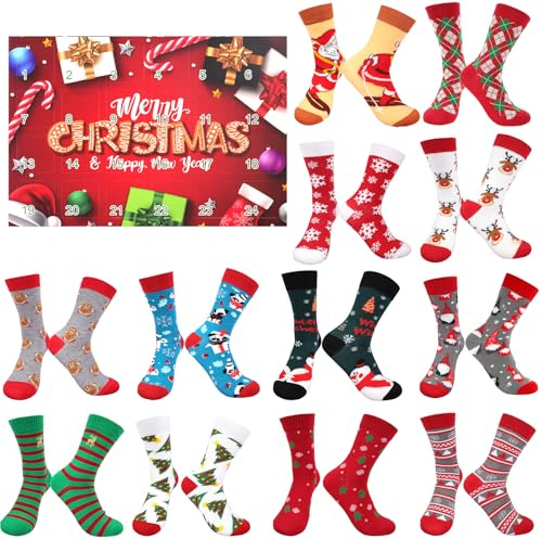 Socken Adventskalender 2025 Frauen Männer, Christmas Vacation Socken Adventskalender, 12 Paar (24 Stück) 24 Tage Countdown Weihnachtssocken für Damen Erwachsene (36-42)