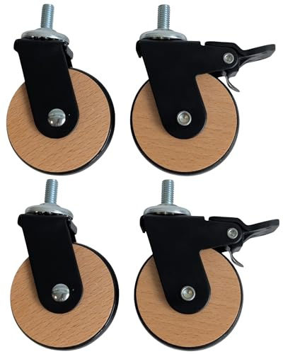 Gedotec Möbelrollen aus Buchenholz Ø 62 mm – Set mit 2x Rollen mit Bremse + 2x Rollen ohne Bremse – Lenkrollen mit 8 mm Aufnahme – 48 kg Tragkraft – Gummi-Laufrollen bodenschonend