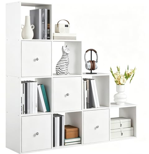 Yaheetech Libreria a 10 Cubi Scaffale per Libri in Legno a Forma L con Scomparti e 4 Cesti Pieghevoli, Design Moderno, per Scale Studio Soggiorno, 128x29x128 cm Bianco