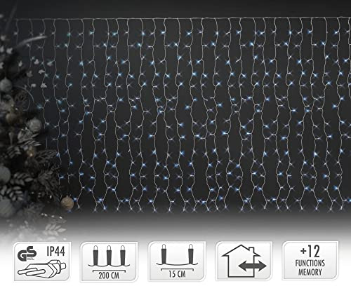 ECD Germany LED Lichtervorhang 2x1,5m 240 Kaltweiße LEDs 12 Funktionen, Weihnachten Eiszapfen Lichterkette LED Lichterkettenvorhang Eisregen Vorhang Weihnachtsbeleuchtung, IP44 Wasserdicht Innen/Außen