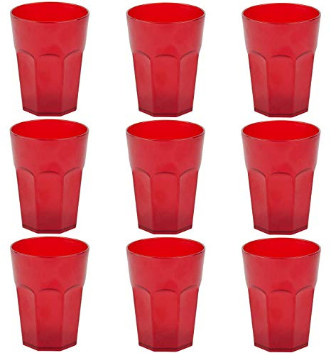 Engelland - 9 x Plastikbecher, Trinkbecher, Rot, Cocktailbecher, 400 ml, mit Eichstrich, stapelbar, Mehrweg, Kunststoff, Frostoptik, wiederverwendbar, Party-Becher, Trink-Glas
