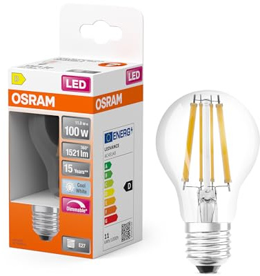 Osram Lamps Dimmbare Filament LED Lampe mit E27 Sockel, Kaltweiss (4000K), klassische Birnenform, 12W, Ersatz für 100W-Glühbirne, klar, LED Retrofit CLASSIC A DIM, Kaltweiß