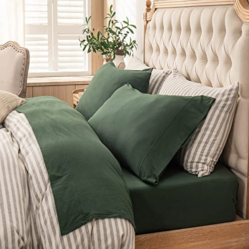 PURE ERA Juego de sábanas de Punto Jersey, Ropa de Cama 100% algodón, súper Suave y cómodo, Color Verde Bosque tamaño Queen (Juego de 4 Piezas, 1 sábana encimera, 1 sábana Bajera Ajustable y 2 Fundas