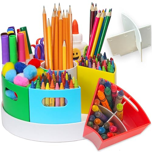 PUZZLE EZ 8.6 Desk Art Supply Organizer for Kids – Compact Rotating Lazy Susan Art Caddy with Dividers for Crayons, Markers & Pencils, Classroom Storage for Teachers Students Homeschool