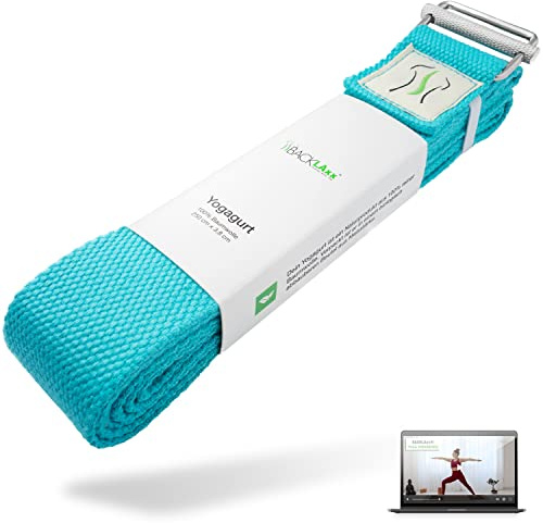 BACKLAXX® Yoga Gurt aus 100% Baumwolle, 250 cm, mit Metallverschluss | Yogagurt & Yoga Band für Yoga, Pilates & Dehnen, 2,5 m Baumwolle, verstellbarer Verschluss, inkl. Anwendungsvideos