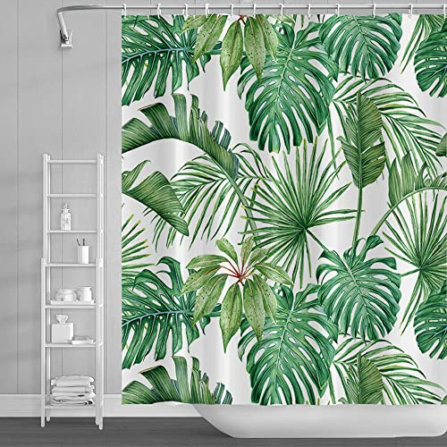 SDOTPMT 152x183cm Acuarela Verde Hojas de Palma Cortina de la Ducha Verano Tropical Plantas Botánicas Cortina de baño Hoja de Banana Monstruo Cortina de la Ducha Cortina de baño con Ganchos