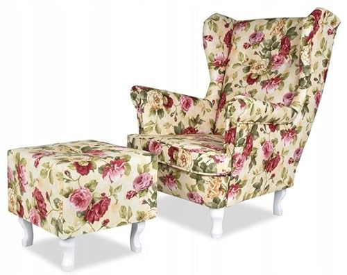 Family Meble Ohrensessel mit Hocker, Modell Print, Skandinavisch, Relaxsessel aus Webstoff, Loungesessel, Ohrensessel mit Hocker, Bequemer Sessel, Für Wohnzimmer, Esszimmer, Schlafzimmer, Rosen 2