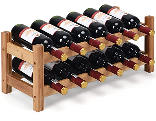 GOPLUS Casier à Vin avec 12 Bouteilles, Étagère à Vin en Bambou,Armoire de Rangement pour à Vin 12 Bouteilles avec 2 Niveaux,Étagère à Vin Support Range Bouteille, Porte-Bouteille, Naturel
