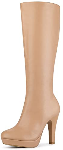 Allegra K Damen Kniehohe Stiefel mit Dickem Absatz Runde Zehen Plateau, nude, 7 UK