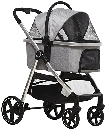 PawHut Hundewagen, 3 in 1 Hundebuggy, Autositz, Transporttasche, Katzenbuggy mit Kissen bis 15 kg, Faltbarer Katzenwagen für kleine Hunde mit Bremsen, Netzfenster, Sicherheitsleinen, Hellgrau