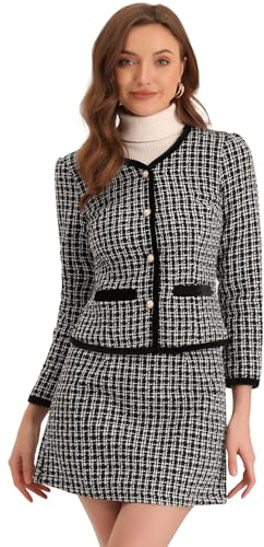 Allegra K Set di abito da lavoro da donna in 2 pezzi, completo di giacca e gonna a quadri in tweed, Nero , M