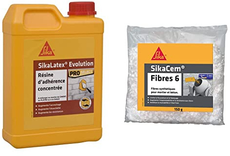 SikaLatex Evolution, Résine d'accrochage pour adhérence et étanchéité des mortiers, 2L, Blanc & em Fibres 6, Fibres synthétiques 6mm pour enduits et mortiers, 150g, Blanc