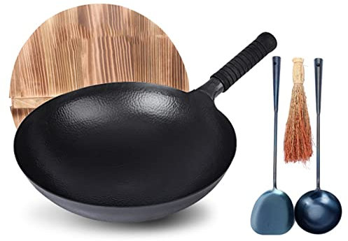 ZAANU Sartenes Wok De Hierro Fundido Negro, Woks Profesionales De Hierro Martillado A Mano Chino con Fondo Redondo Y Mango, Sin Recubrimiento, Menos Aceite, Olla Antiadherente,34cm (32cm