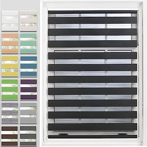 Tragbare Verdunkelungsrollo 65x250cm Hitzeschutz und Sichtschutz, Duo Doppelrollo, Fensterrollo Doppelrollo mit Bohren Klemmfix für Fenster und Tür, Dunkelgrau