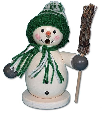 Holzwaren Egermann Rauchmann/Räucherfigur aus Holz - Schneemann mit Besen - Accessoires in Grün - Höhe: ca. 15 cm - Made in Germany