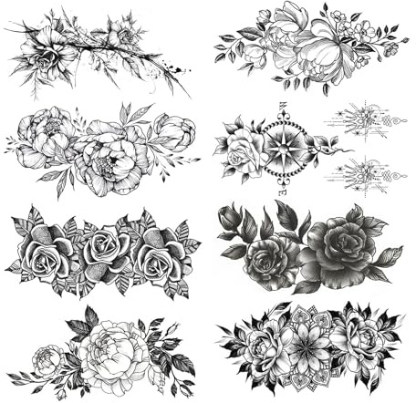 Rumyve8 Black and White 3D Realistic Rose Peony Flower Temporary Tattoos - Long-Lasting Fake Tattoos for Adults