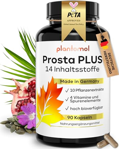 90 PROSTA PLUS Kapseln - 14fach Prosta Komplex Kapseln - plantomol® | Prosta Kapseln hochdosiert - Weidenröschen Roggenpollen Granatapfel Sägepalmen-Extrakt Kürbiskern-Extrakt Brennnessel Kapseln