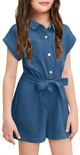 Haloumoning Cute Jumpsuit for Girls Summer Children's Jumpsuit Button Down with Belt Kids Short Romper with Pockets