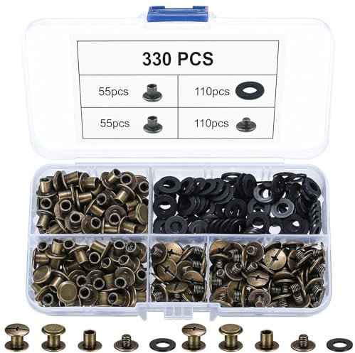 330 Pièces Vis à Chicago, Vis de Reliure, Rivets en Cuir, Rivet Cuir a Visser, Rivets pour Cuir, Rivets Cuir, Rivet à Visser en Métal, Rivets de Reliure à Tête Plate pour DIY Artisanat Cuir Rivets