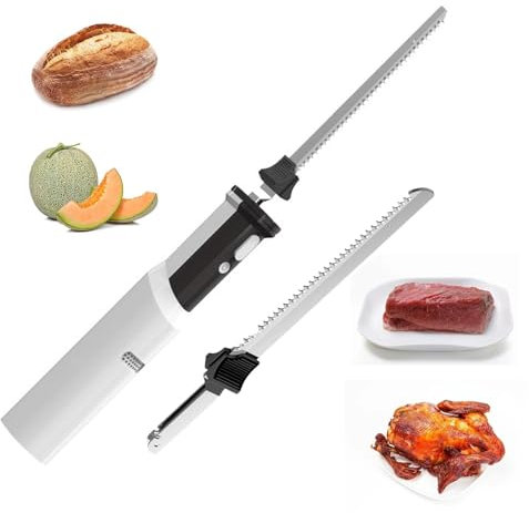 Cuchillo eléctrico inalámbrico para trinchar, cuchillo para pan recargable con 2 hojas de acero inoxidable, cuchillo rebanador de carne con botón de bloqueo de seguridad, luz LED, para trinchar pan