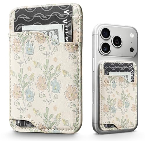 VULKIT Card Holder for Phone Stick on Leather Adhesive Dusty Petal Sage Design Phone Wallet RFID Blocking Sticky Credit Card Holder Back of Smartphones