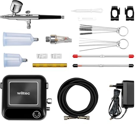 Wiltec HS-A9K Kompressor Set 1,5 bar Autostop, Airbrush Set inkl. verschiedener Düsen, Kompressor Zubehör Set 12 V, Druckluft Kompressor mit Air Brush